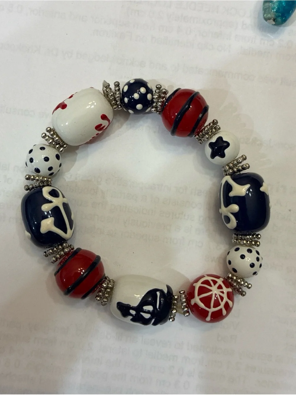 Source Unknown Red White Navy Anchor Beaded Bracelet